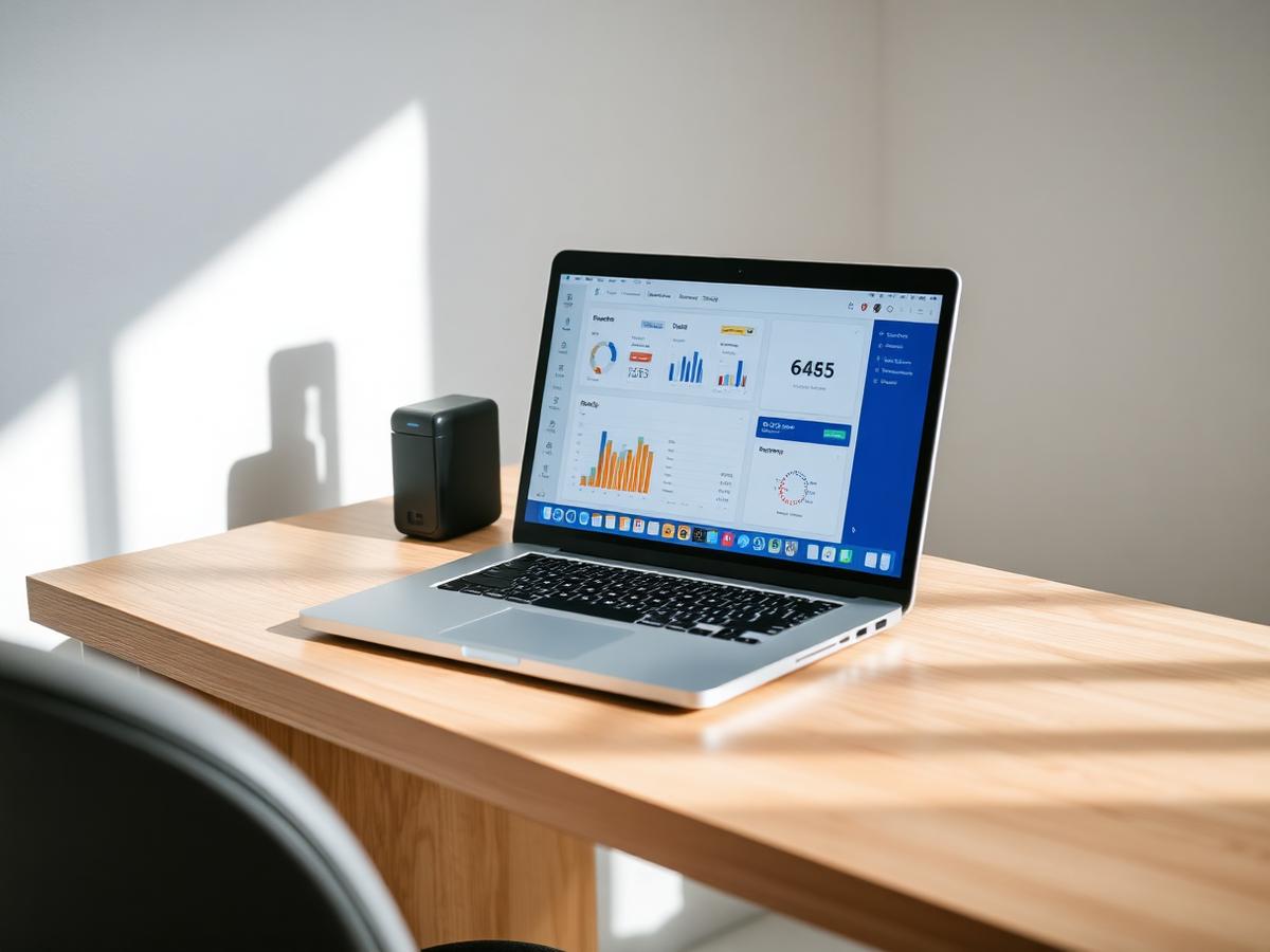 Laptop egy világos irodai asztalon, üzleti irányítópulttal